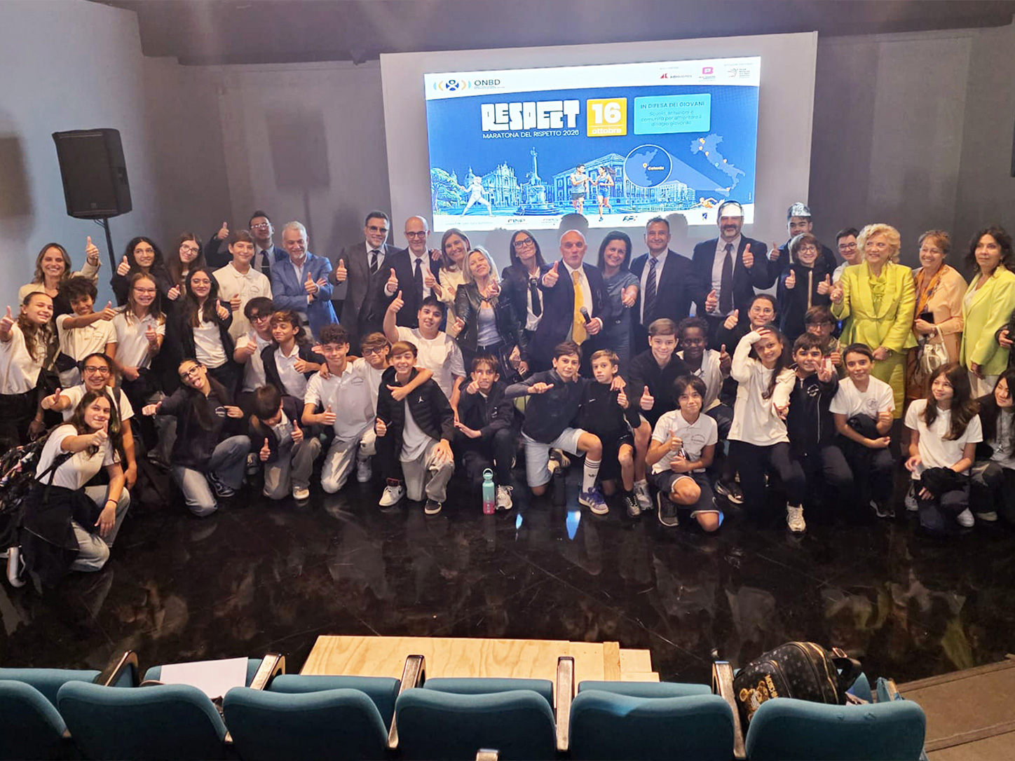 Momento dell'evento Maratona del Rispetto 2026 organizzato a Catania dall'ONBD per la prevenzione del bullismo e del disagio giovanile